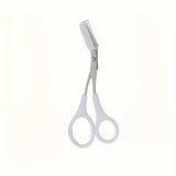 Pink eyebrow trimming scissors with built-in comb - stainless steel, precise grooming tool, creating perfect eyebrows