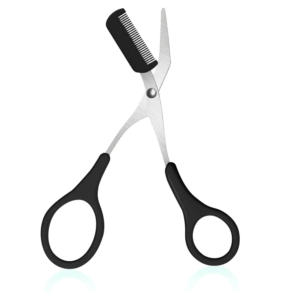 Pink eyebrow trimming scissors with built-in comb - stainless steel, precise grooming tool, creating perfect eyebrows