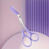 Pink eyebrow trimming scissors with built-in comb - stainless steel, precise grooming tool, creating perfect eyebrows